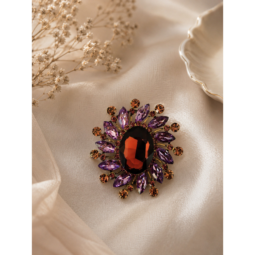 Vintage Amethyst Glass Rhinestone Brooch Sparkling Floral Statement Pin